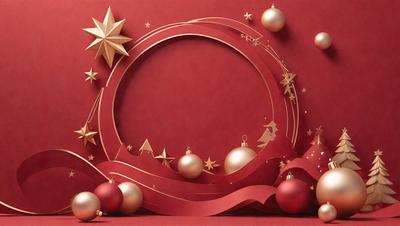 The primary subject of the image is a red circle with a gold border, which is adorned with Christmas ornaments. The setting is a red background, and the visual style is a combination of digital art and illustration. The dominant colors are red and gold, and the overall atmosphere is festive and celebratory.